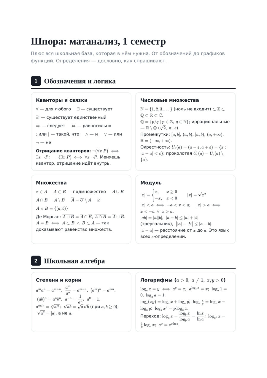 Первая страница: шпора по математическому анализу, 1 семестр